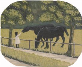 wood-engraving original print: Child Feeding Ponies
